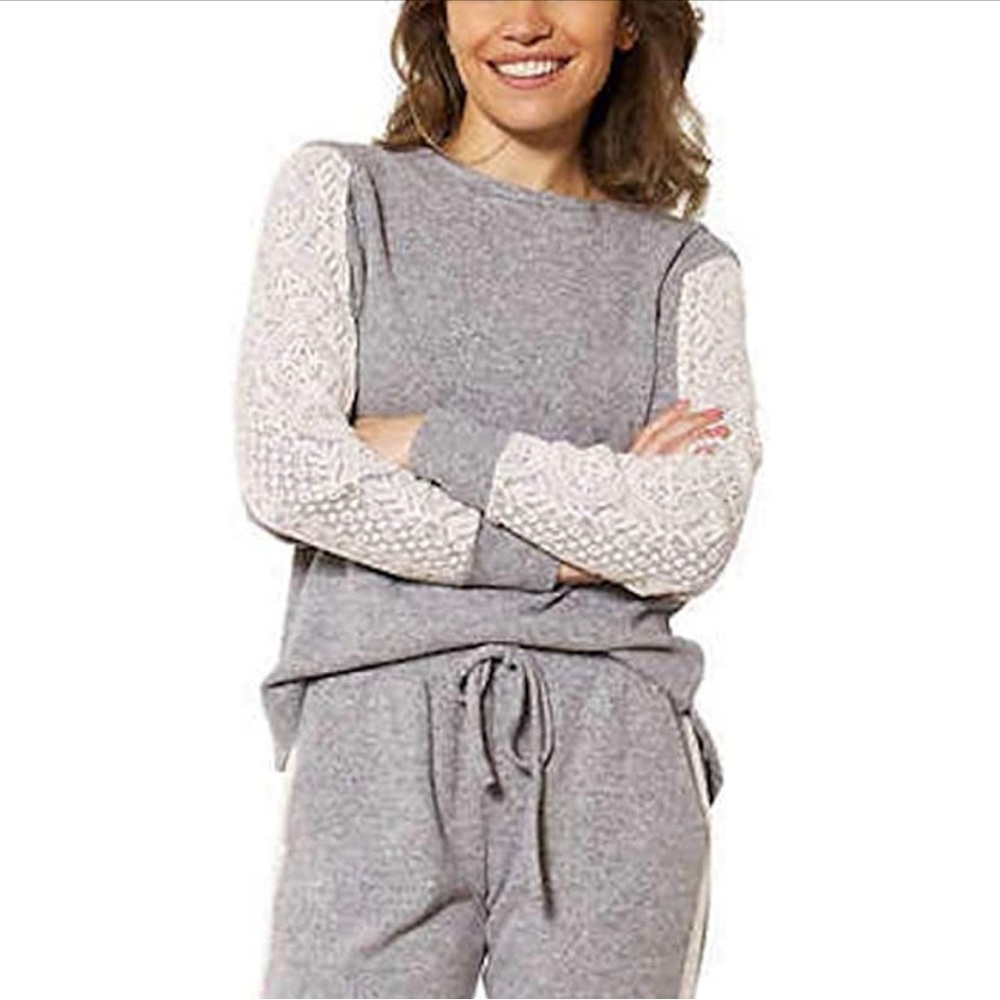 FLORA NIKROOZ Women's Gray Lace Detail Long Sleeve Lounge Sweater Size Medium
